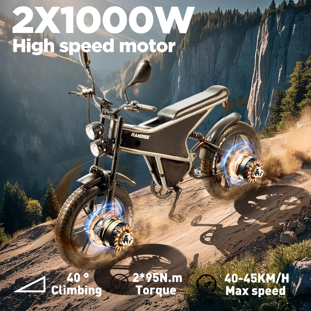 Elektrische fiets met dubbele motor 2×1000W en uitneembare accu