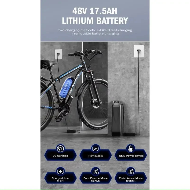 Elcykel 750W motor 48V17,5Ah aftageligt batteri
