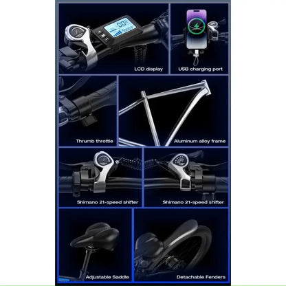 Elcykel 750W motor 48V17,5Ah aftageligt batteri