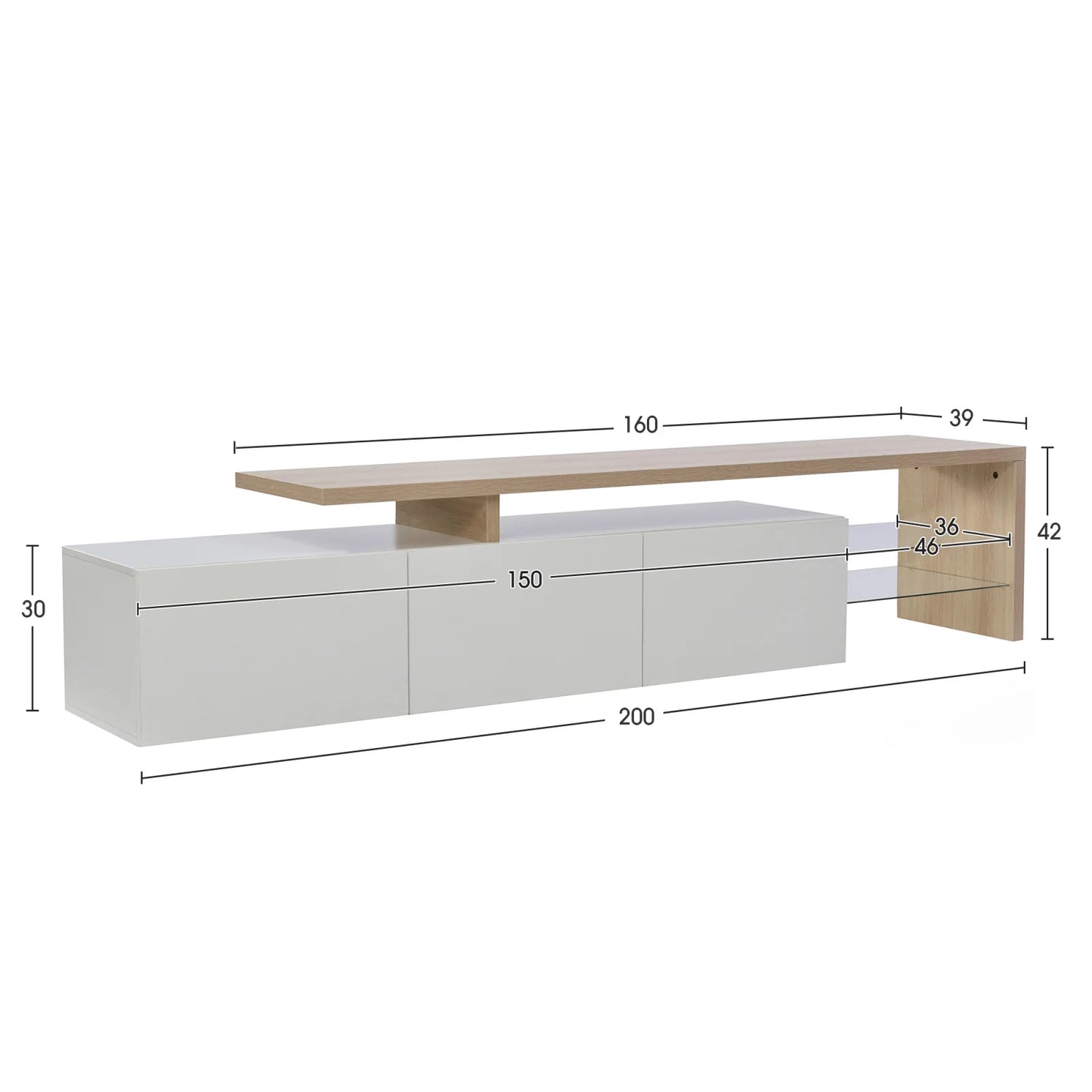 Moderne TV-skab med 3 skabe i trælook, glashylder og LED-belysning til hjemmet