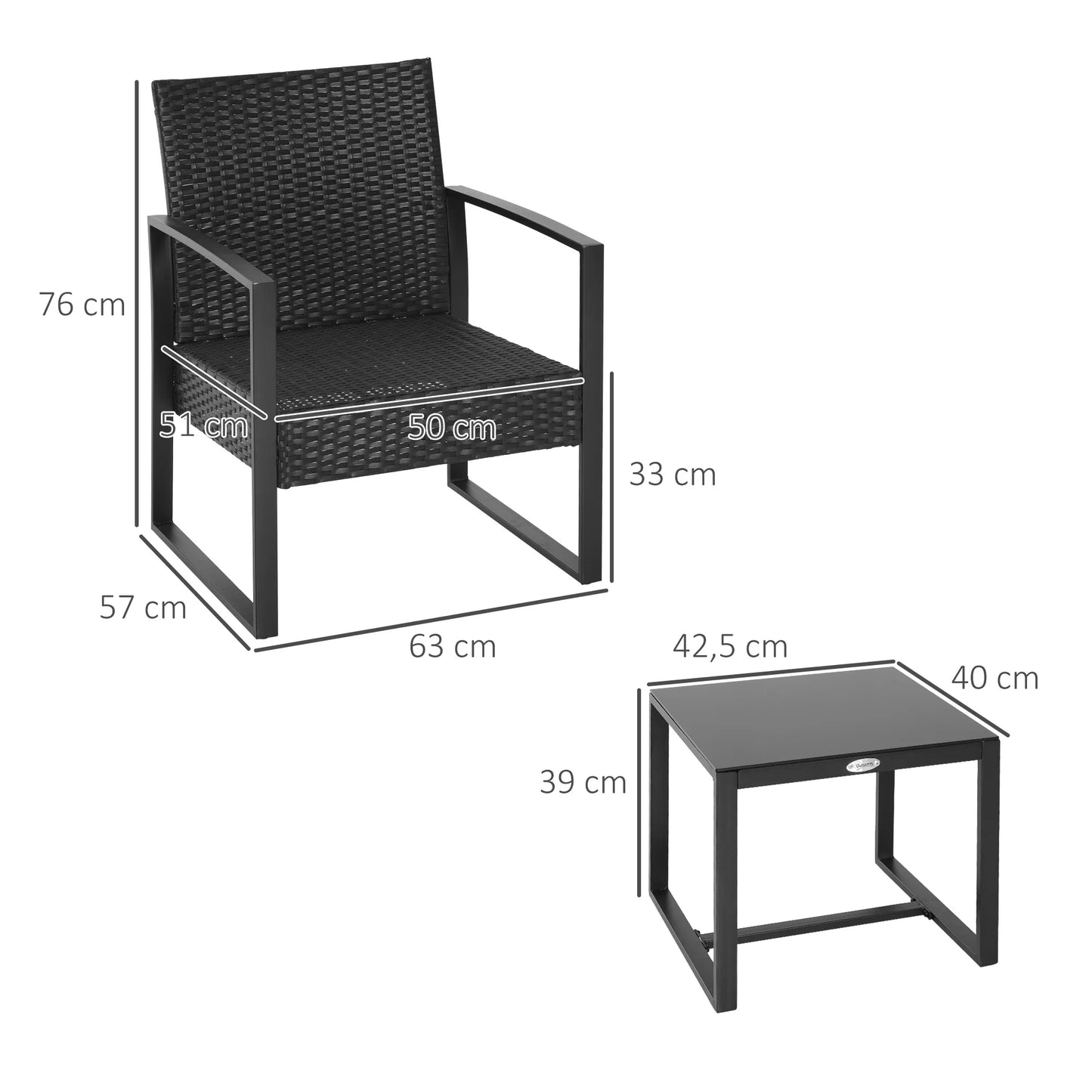 Havemøbelsæt til 2 personer med flet-ryglæn i polyester rattan