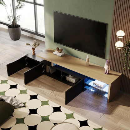 Moderne TV-skab med 3 skabe i trælook, glashylder og LED-belysning til hjemmet