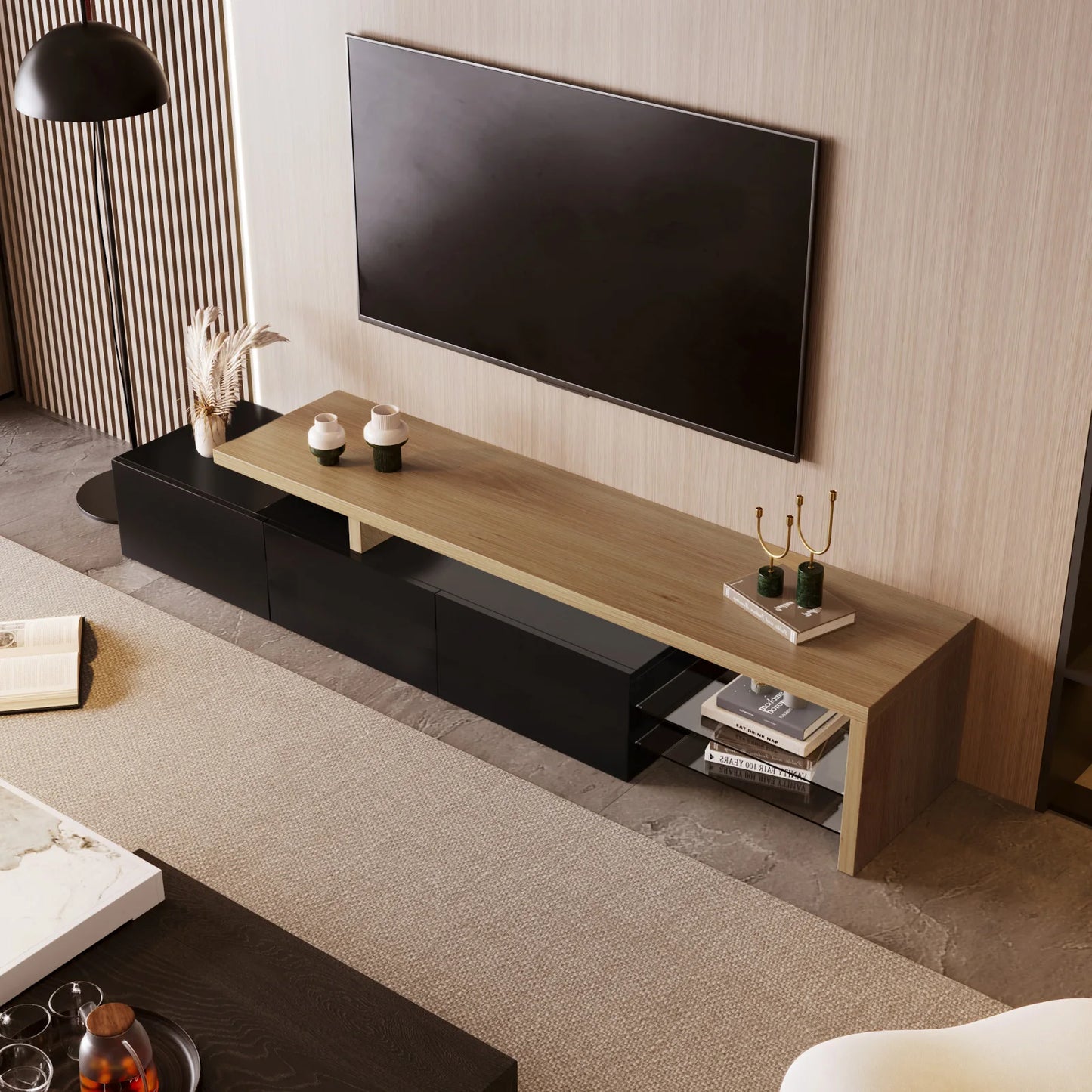 Moderne TV-skab med 3 skabe i trælook, glashylder og LED-belysning til hjemmet