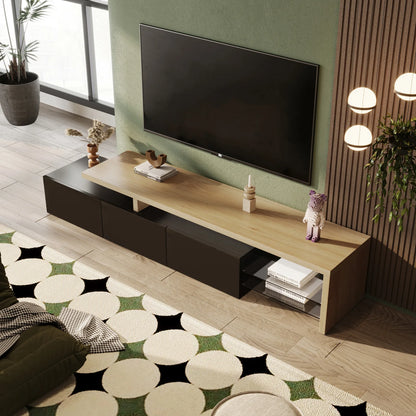 Moderne TV-skab med 3 skabe i trælook, glashylder og LED-belysning til hjemmet