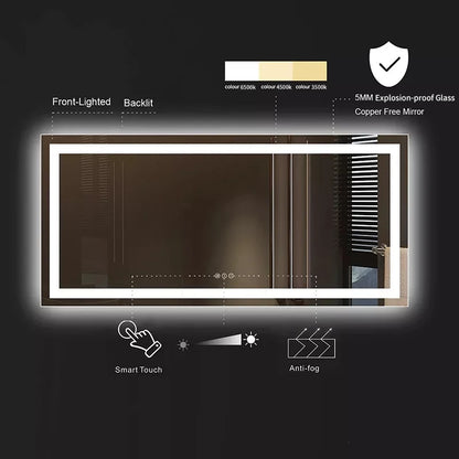 Smart spejl med antidug, touchsensor og dobbelt belysning